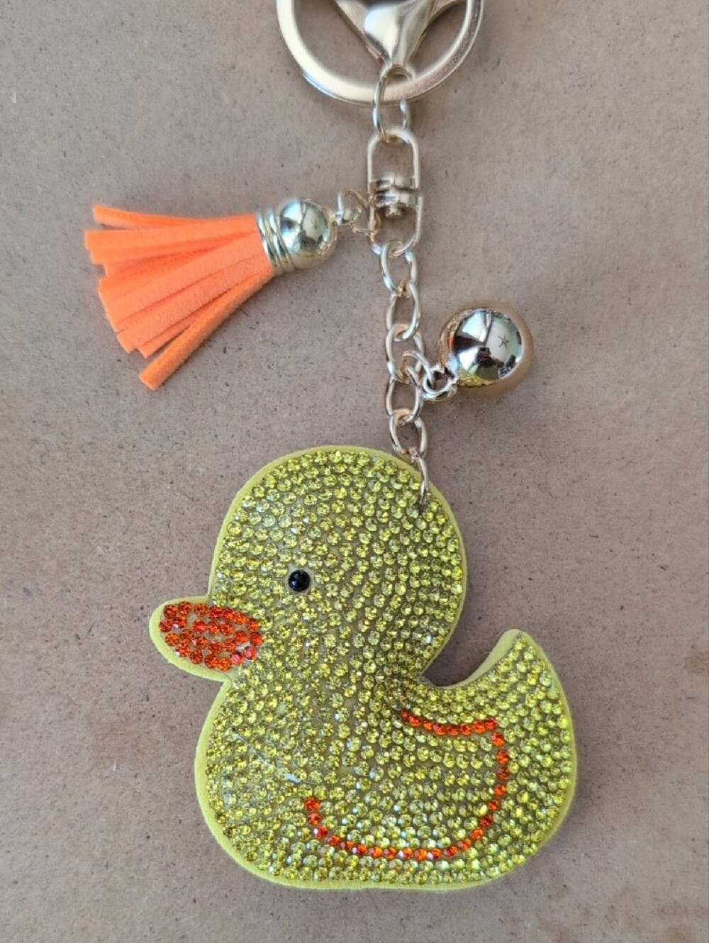 Crystal Embellished Yellow Duck Keychain with Orange Tassel